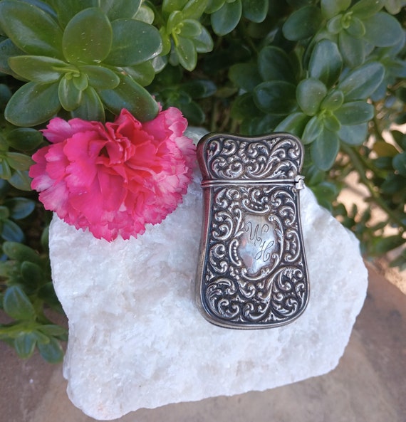 Sterling Silver Victorian Match Safe, Vintage 925 Hinged Vesta Holder Case, Monogrammed W H, Tapered Floral, Antique Match Stick Box