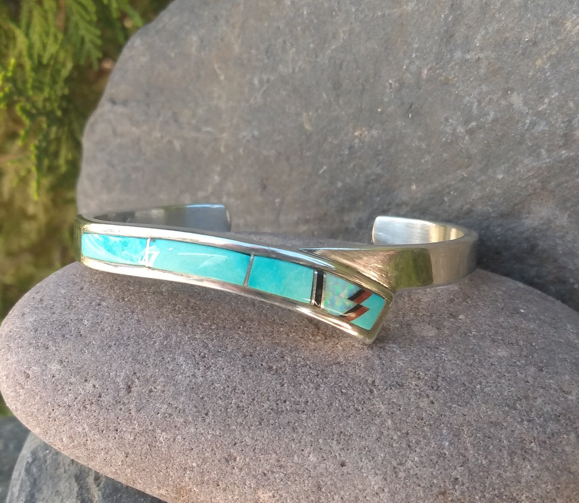 Sterling Silver Inlay Cuff Bracelet, Vintage Native American, 925 