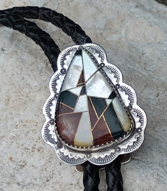 Sterling Silver Inlaid Bolo Tie, Native American,… - image 6