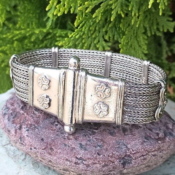 RA Silver Rajasthani Indian Bracelet, Signed RA, Vintage 800 Jewelry, Women's, Heavy Weight, wide Multi Foxtail Chains, 3 Leaf Clover Flower