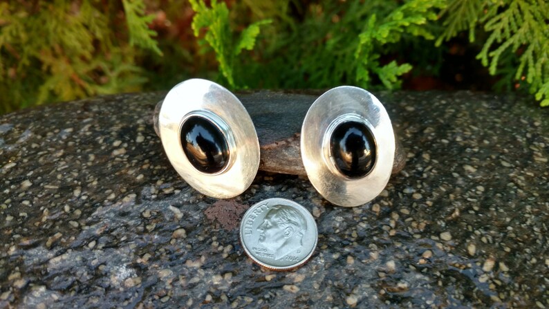 For Pierced Ears Jewelry Black Onyx Silver Stamped MEXICO 925 TS-66 Post Oval Earrings Vintage Sterling Earrings Mexican Bold Large
