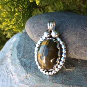 Sterling Silver Pendant, Blue Tiger's Eye Stone, Vintage 925 Jewelry, Large Oval, Heavy Weight, Handmade, Native American Style, Signed