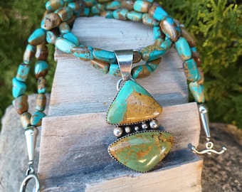 ORVILLE MANYGOAT Sterling Silver Turquoise Pendant & Beaded Turquoise Necklace, Vintage Native American Navajo Artisan 925 Jewelry Signed MO