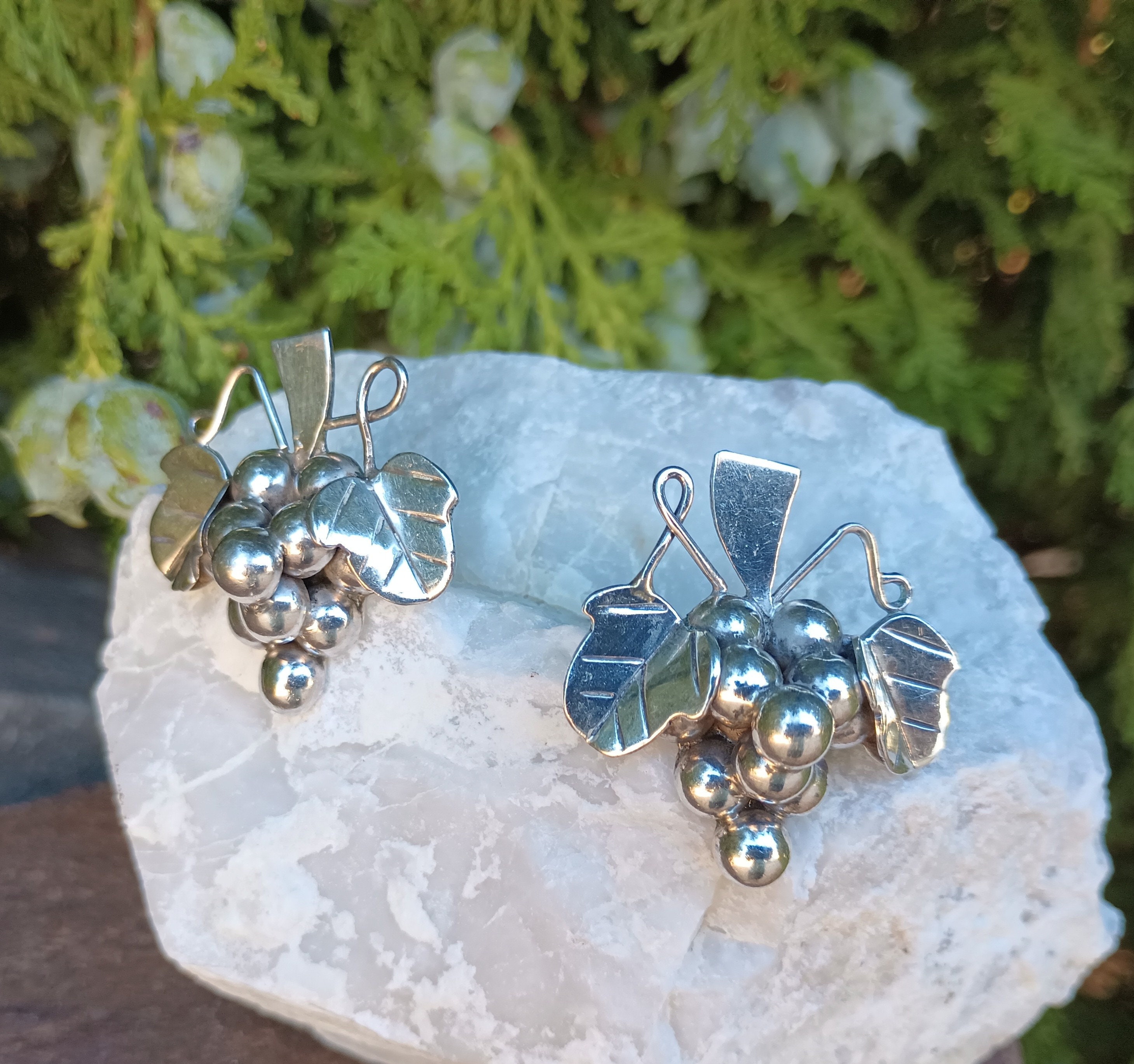 Sterling Silver Grape Earrings, Vintage Mexican Jewelry