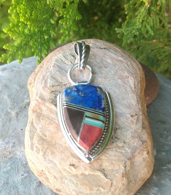 Sterling Silver Inlay Pendant, Native American, V… - image 2