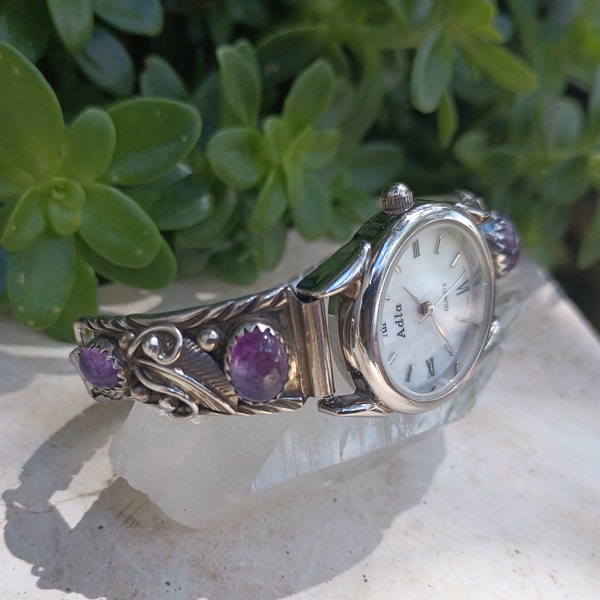 ROBERT BECENTI Sterling Silver Amethyst Watch Band, Vintage Native American Navajo 925 Jewelry Signed RB, Leaves, Floral, Adla Quartz Face