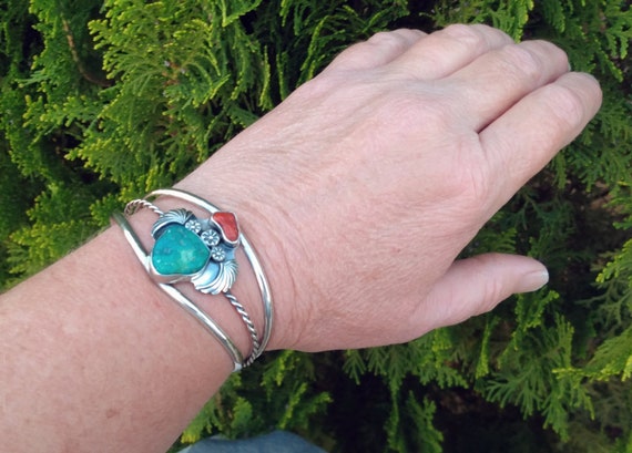 Sterling Silver Turquoise & Coral Cuff Bracelet, … - image 7
