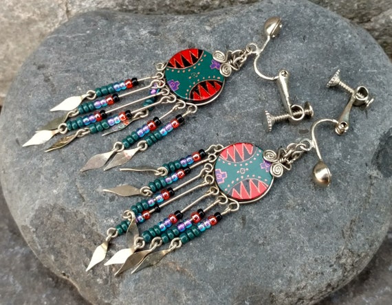 Southwestern Beaded Earrings, Hinged Screw Back, … - image 4