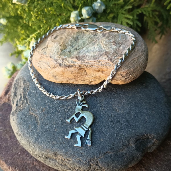 Sterling Silver Bracelet With Kokopelli Charm, Vintage 925 Jewelry, Size 6.75, LK Italy 925, Twisted Rope Diamond Cut, Women's, Southwestern