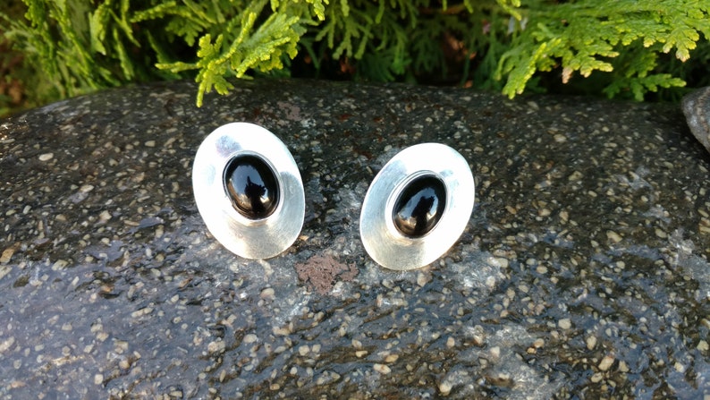 For Pierced Ears Jewelry Black Onyx Silver Stamped MEXICO 925 TS-66 Post Oval Earrings Vintage Sterling Earrings Mexican Bold Large