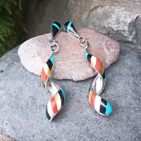 P/I (Pernell IDELLA) EDAAKIE, Zuni Sterling Silver Inlay Earrings, Vintage 925 Native American, Signed, Multi Stones, Inlaid Jewelry, Spiral