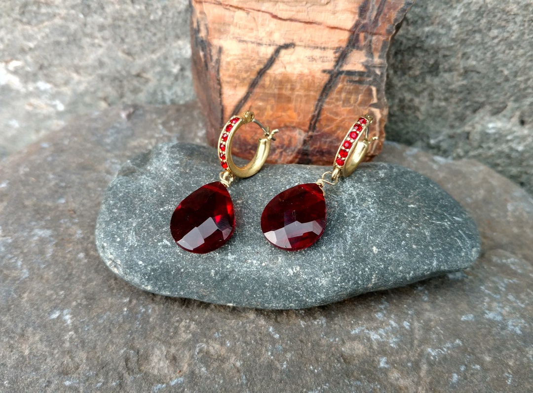 Vintage LC Earrings, Liz Claiborne, Deep Red Glass Crystal Cut