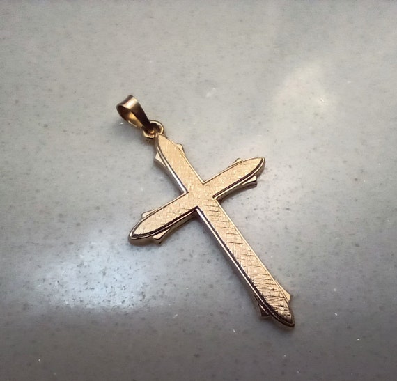 14K Gold Cross Pendant, Textured & Polished Desig… - image 5