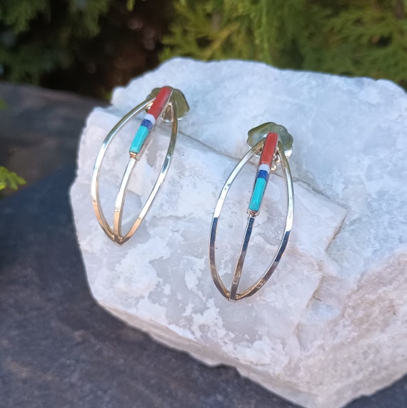 Signed Vintage Native American Navajo Lapis Inlay Sterling Silver Earrings Signed Vintage Native American Navajo Lapis Inlay Sterling Silver Earrings