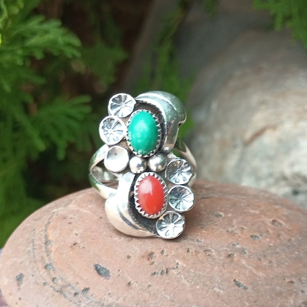 RAYMOND BENNETT Sterling Silver Ring, Turquoise, Coral, Vintage Native American Navajo Signed Jewelry, Women's Size 6.5, Flowers, Leaves