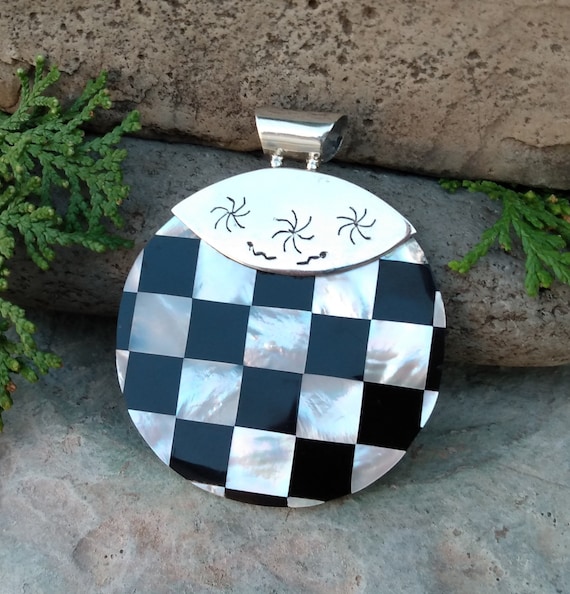 Checkered Sterling Silver Pendant, Mother of Pear… - image 1