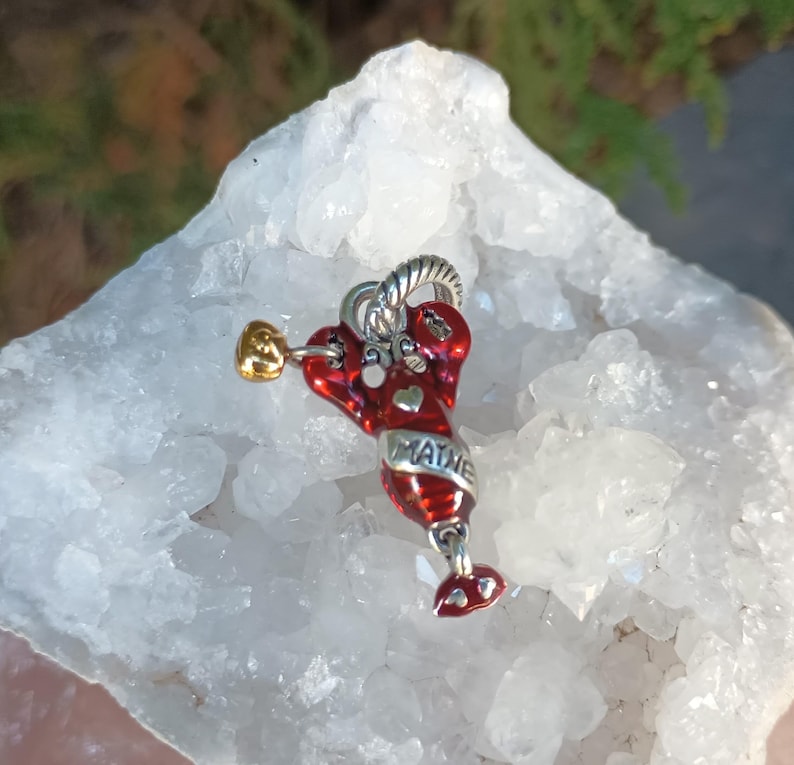 K&ouml;nnte beinhalten: Ein roter Hummer-Anh&auml;nger mit goldfarbenen Akzenten und dem Wort "MAINE" in Silber. Der Hummer hat eine silberfarbene Schlaufe zum Befestigen an einem Armband oder einer Halskette. Der Anh&auml;nger ist vor einem wei&szlig;en, kristallinen Hintergrund platziert.