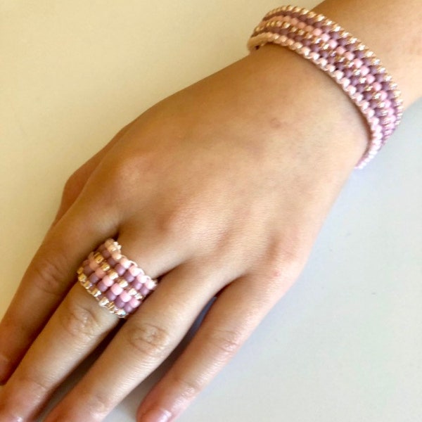 Bracelet and ring set, pink pastel bracelet, toho seed beads, jewelry set, hand woven set, women's gift