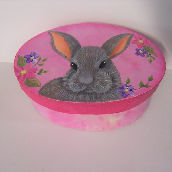 Bunny in the Pholx -  Pink Paper Mache Trinket Box/Container  - Lydia Steeves Design - Hand Painted - Holiday Decor