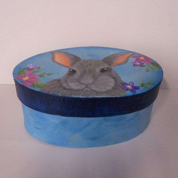 Bunny in the Pholx -  Blue Paper Mache Trinket Box/Container  - Lydia Steeves Design - Hand Painted - Holiday Decor