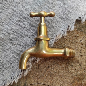 Può includere: Un rubinetto da giardino in ottone con un design tradizionale. Il rubinetto ha un beccuccio lungo e una maniglia a forma di croce.