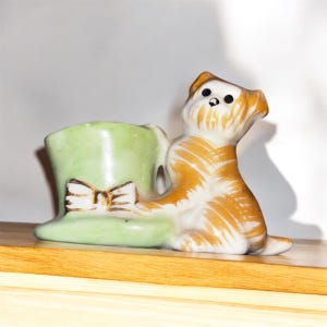 Vintage Puppy with Green Top Hat Toothpick Holder, Gold Accent Bow, Made in Occupied Japan