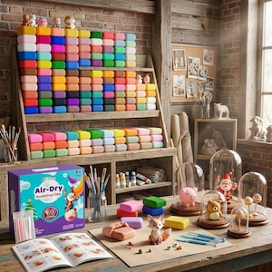 May include: A large collection of rectangular air-dry modeling clay blocks in 90 colors, arranged on a wooden shelf. The set includes a purple box labeled Air-Dry Modeling Clay, a project instruction book, sculpting tools, and clay figures in glass domes.