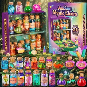 May include: A craft kit titled Arcane Mystic Elixirs featuring a display shelf and a box containing 20 small glass bottles filled with colorful liquids, glitter, and decorative elements. Several bottles are labeled with names like Fairy, Travel, and Trust.