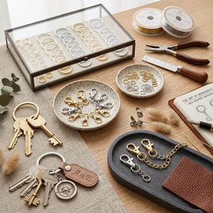 May include: A collection of metal key ring components including gold and silver split rings, lobster clasps, and chains. The set features a glass display box, two ceramic dishes, pliers, a ruler, and a notebook with the text The Art of Adornment.