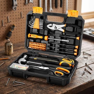 May include: A black plastic tool kit case with yellow latches containing a variety of tools including a hammer, pliers, a tape measure, a screwdriver, hex keys, and a small clear box of fasteners, all organized in molded compartments.