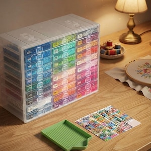 May include: A clear plastic storage cabinet with multiple drawers filled with small, colorful beads. Each drawer is labeled with a number. A green plastic grooved tray and a color-coded sticker sheet are placed in front of the storage unit.