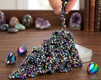 May include: A large collection of small, iridescent, rainbow-colored magnetic hematite stones. The stones are metallic with a reflective finish, showing hues of blue, purple, green, and gold. They are shaped like small, smooth, rounded pebbles.