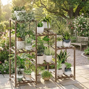 May include: A multi-tiered brown wooden plant stand holding various potted plants, including leafy green foliage, succulents, and snake plants in white, gray, and textured ceramic pots, arranged on a stone patio in a garden setting.