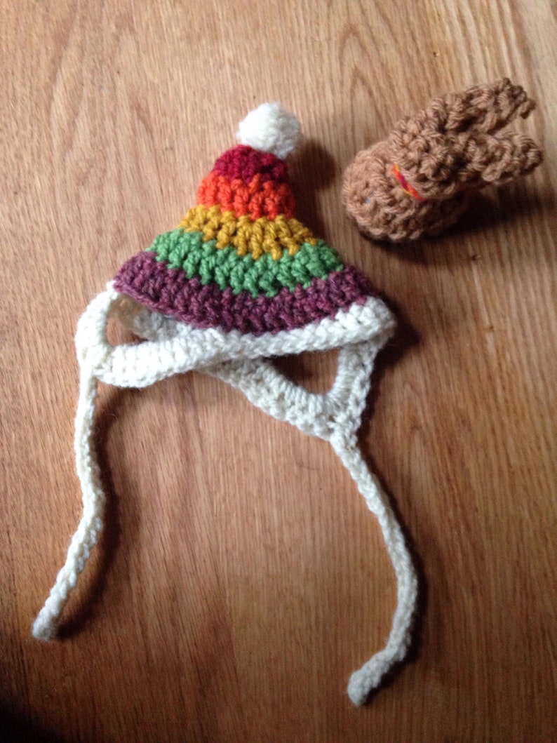 Handmade Crocheted Wool Rainbow Striped Hat for Binkies Bunny rabbits