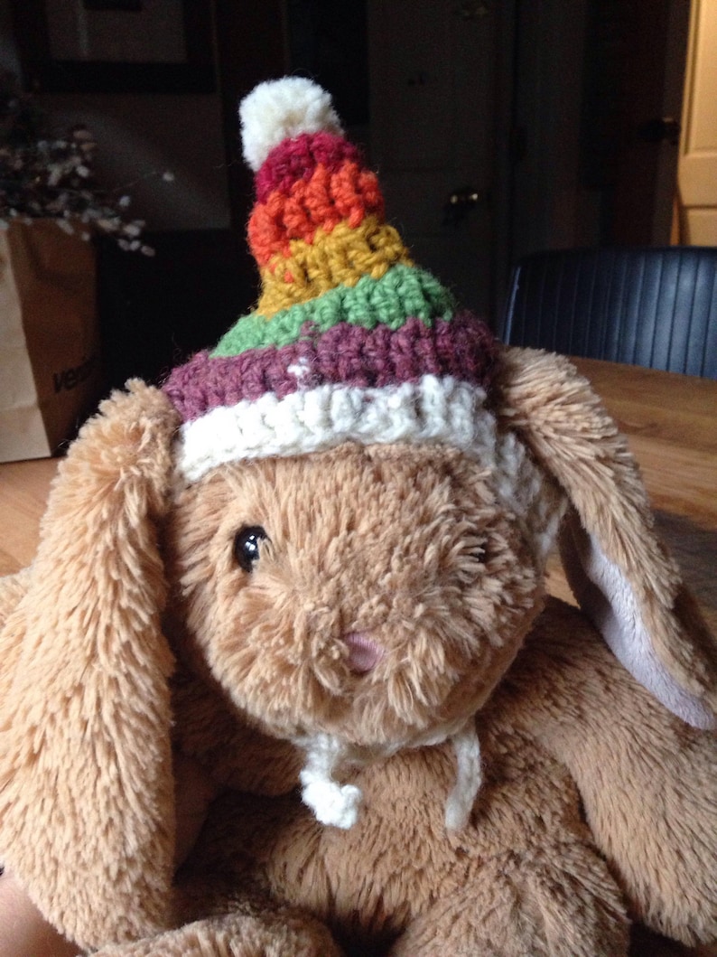 Handmade Crocheted Wool Rainbow Striped Hat for Binkies Bunny rabbits
