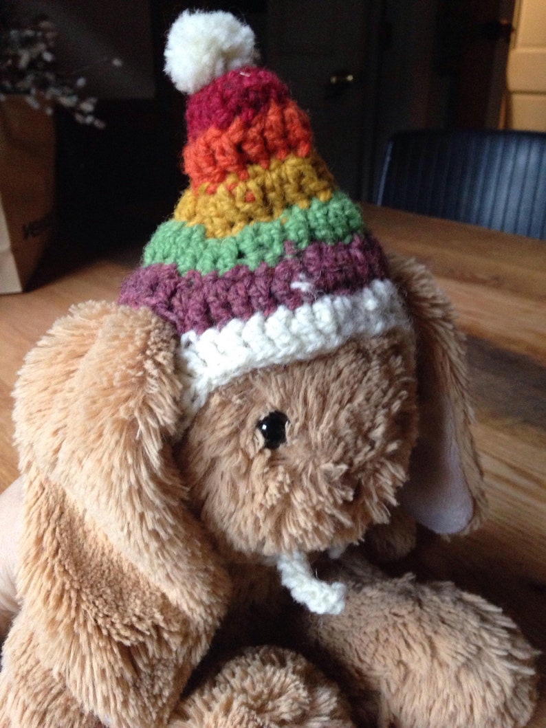 Handmade Crocheted Wool Rainbow Striped Hat for Binkies Bunny rabbits