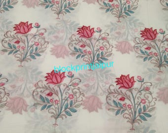 Hand Block Print Cotton Voile Fabric, Floral, 1 Yard