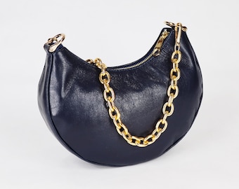 Bolsa de ombro de couro azul: bolsa de corrente feminina