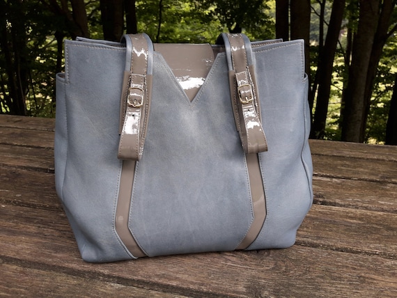 Handmade Light Blue Lambskin Leather Shoulder Bag Tote - Matisse