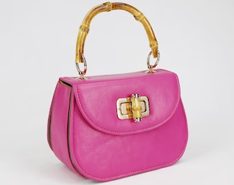Pink Leather Handbag: Bamboo Handle Small Bag