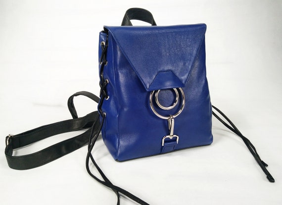 blue leather backpack purse