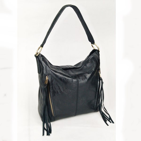 Handmade Italian Leather Hobo Bag: Black Shoulder Purse Shayan