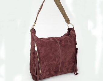 Handmade Burgundy Suede Leather Hobo Bag: Italian Soft Leather Shoulder Purse