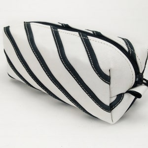 White Leather Cosmetic Bag: Striped Travel Toiletry Case