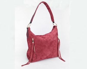 Handmade Italian Suede Leather Hobo Bag: Red Shoulder Purse
