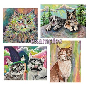 May include: Four colourful paintings of animals. One shows a cat with vibrant, multicoloured fur. Another depicts two dogs on a rock with a sunny background. The third shows two cats, one with a jester's hat and the other with a moustache. The last painting is of a cat with closed eyes.