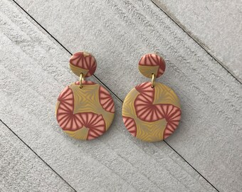 Abstract statement earrings - Maroon, blush, mustard, and taupe kaleidoscope patterned dangle earrings - Handmade polymer clay jewelry