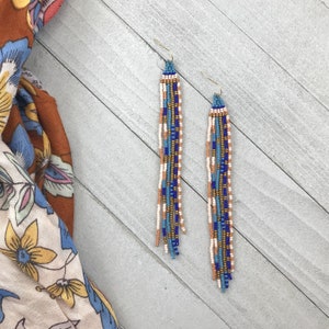 Boho style shoulder dusters - Extra long fringe earrings - Handwoven seed bead dangles - Blush, terra cotta, stone blue, and cobalt