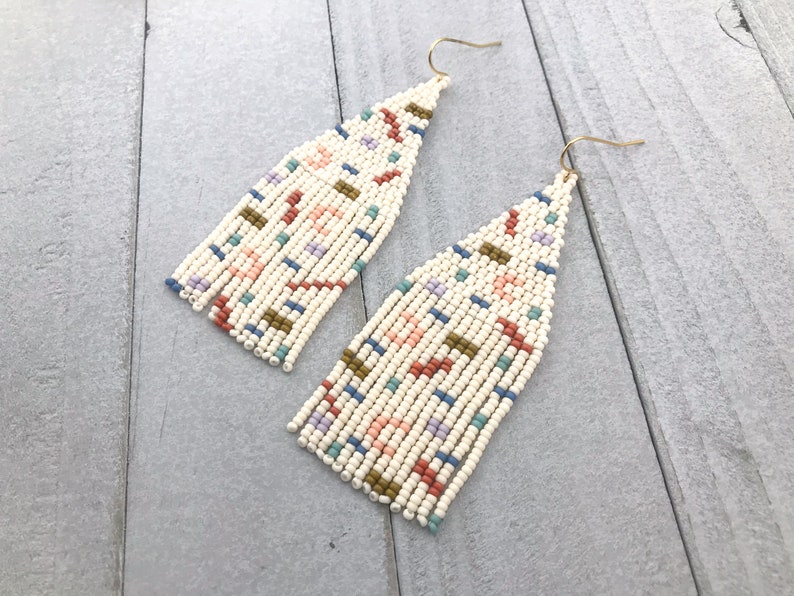 Confetti beaded fringe earrings Beige with colorful, geometric design Handmade statement earrings for women image 5