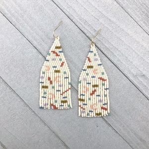 Confetti beaded fringe earrings Beige with colorful, geometric design Handmade statement earrings for women image 3
